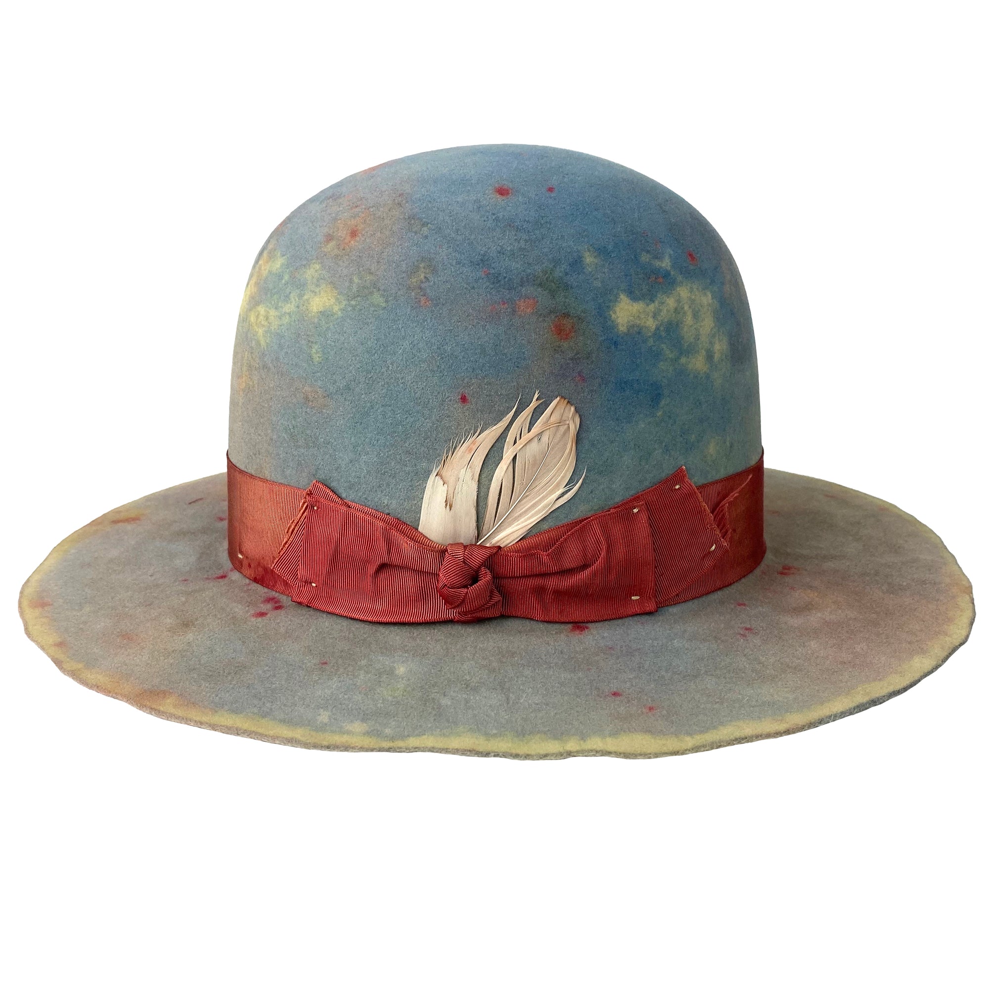 hand dyed hatbody with  grosgrain ribbon with feather