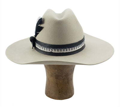 custom leather hatband w/black resin crow head accent w/ feather