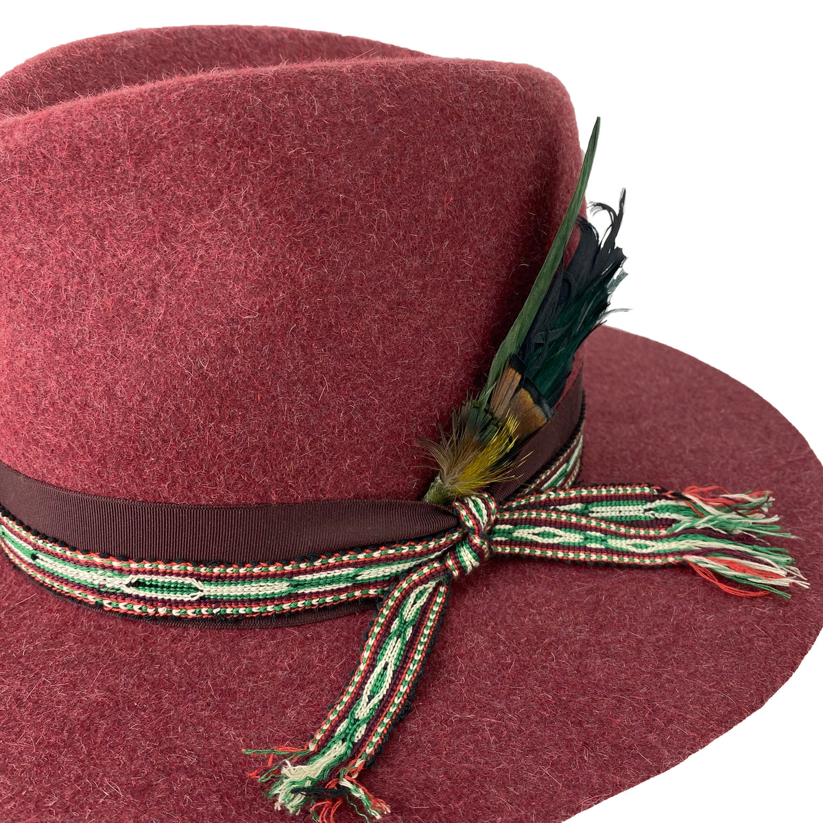 hatWRKS original with grosgrain ribbon hatband with uzbek woven trim & custom feather