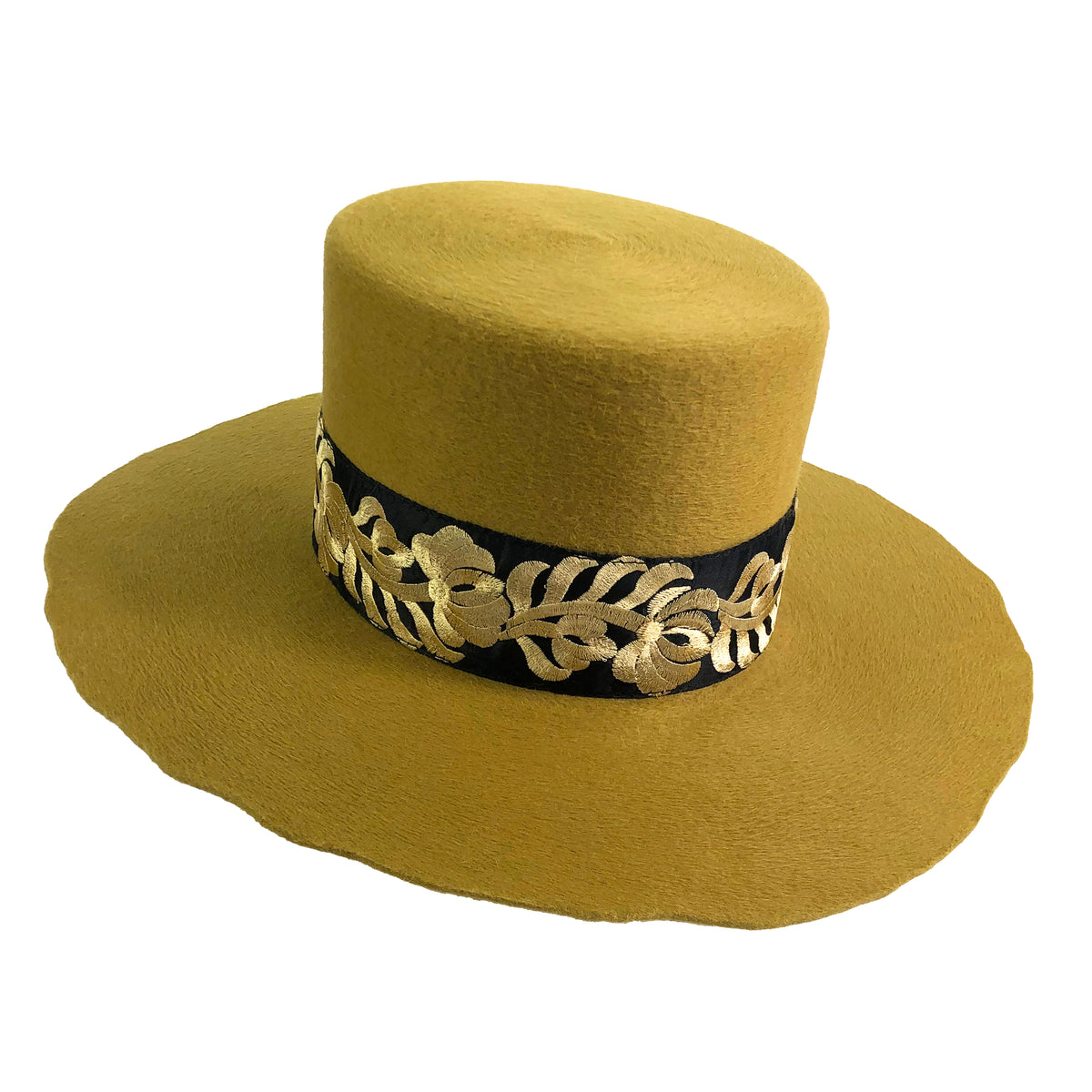 flat topper crown with tapestry ribbon hatband