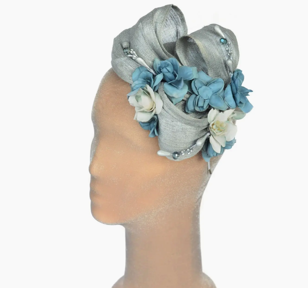 fascinator ~ silver / blue silk sinamay